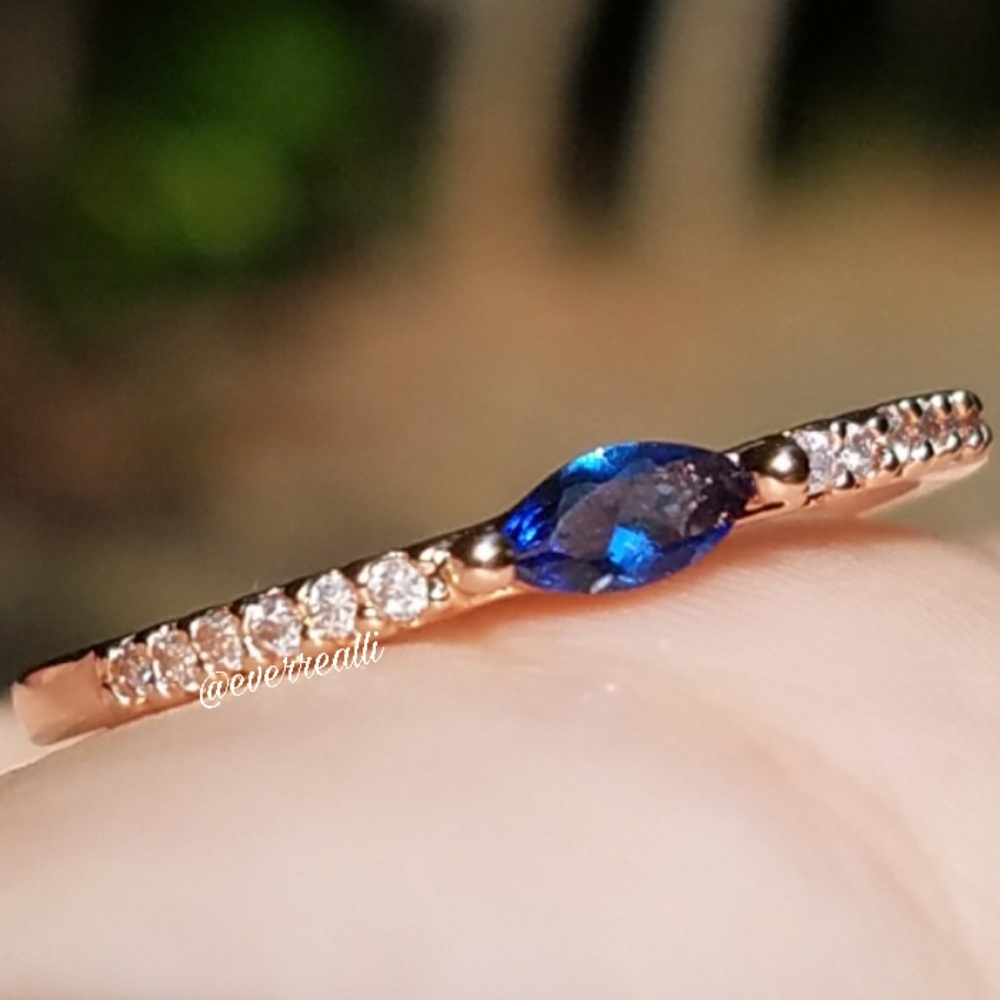 Rose Gold Tiny Blue Sapphire Marquise Dainty Ring - Picture 3 of 7